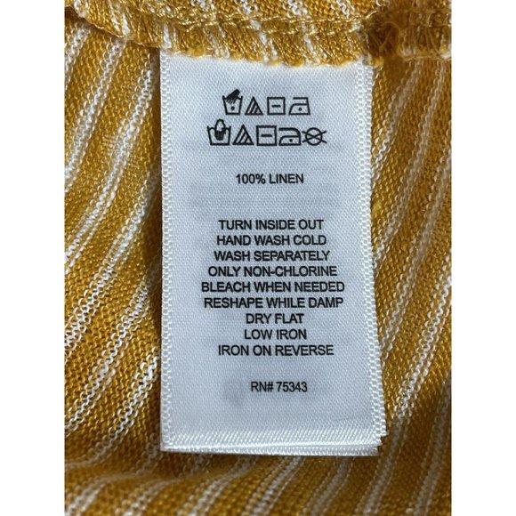 Tahari Top Women Medium 100% Linen Gold White Stripe Short Sleeve Ruched Hem - Picture 6 of 7